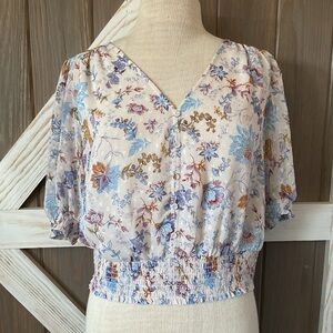 JOIE Cream Floral Printed Swiss Dot Puff Sleeve Smocked Semi Sheer Crop Top